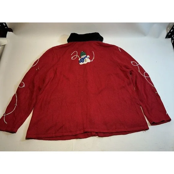 AMBRA HO HO HO SNOWMAN CARDIGAN 2XL CHRISTMAS SWEATER PARTY RED VINTAGE FUR - Picture 7 of 16